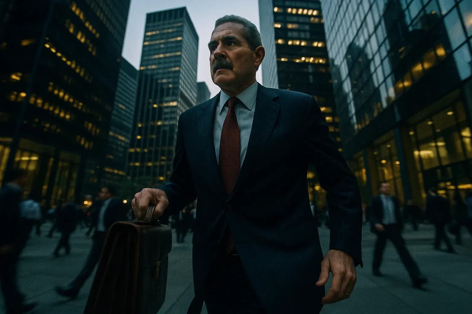 En skikkelse, der ligner Robert Allen Stanford, går hurtigt gennem en travl finansdistrikt, omgivet af høje, slanke kontorbygninger, og klynger sig til en lædermappe, der symboliserer hans Ponzi-svindeleværdige milliarder fra Antigua.