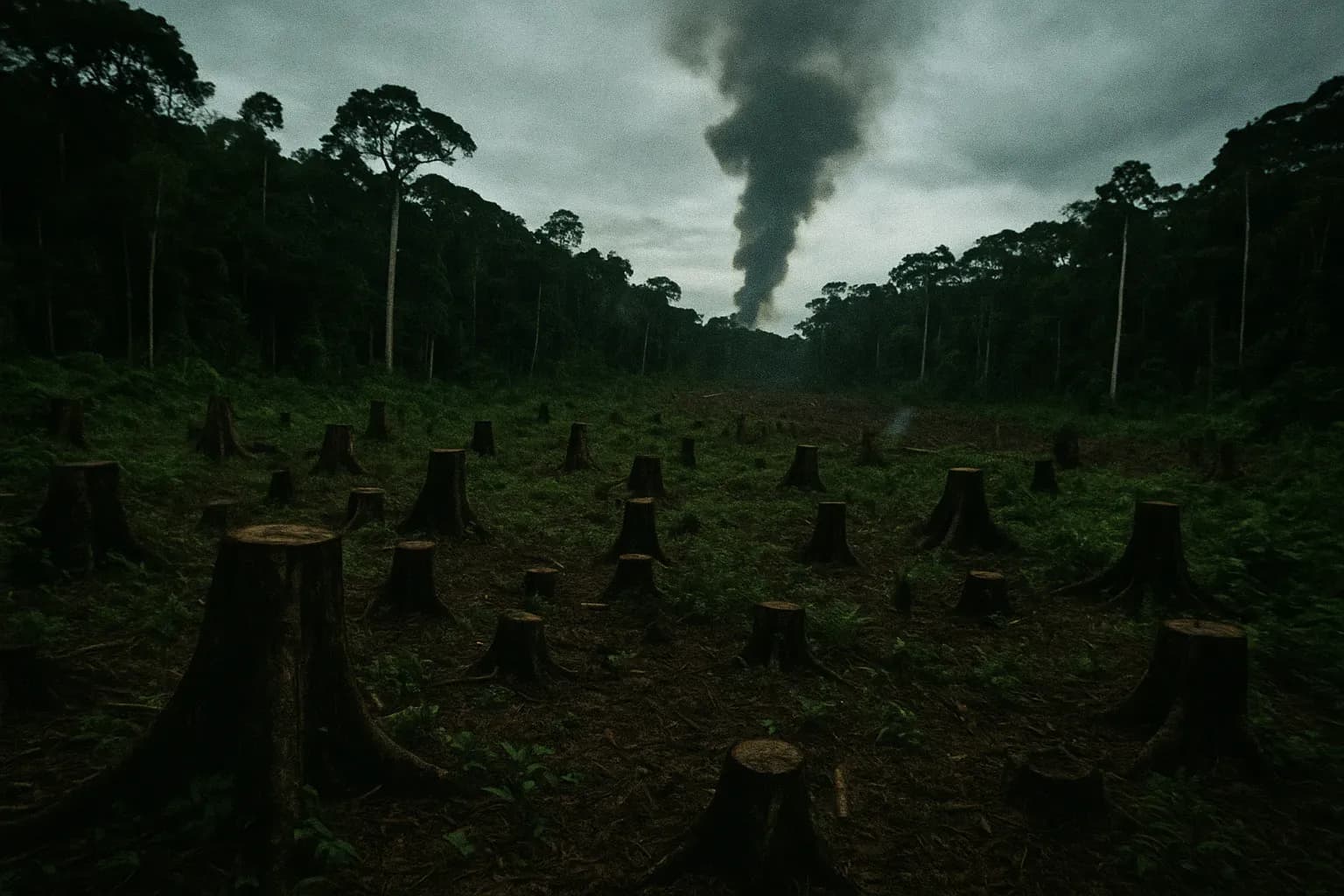 Et stort område af Amazonas regnskov, arret af ulovlig skovhugst, med træstubbe spredt blandt den tætte løv og en røgsky, der stiger i det fjerne, som symboliserer ukontrolleret skovrydning og miljøkriminalitet.