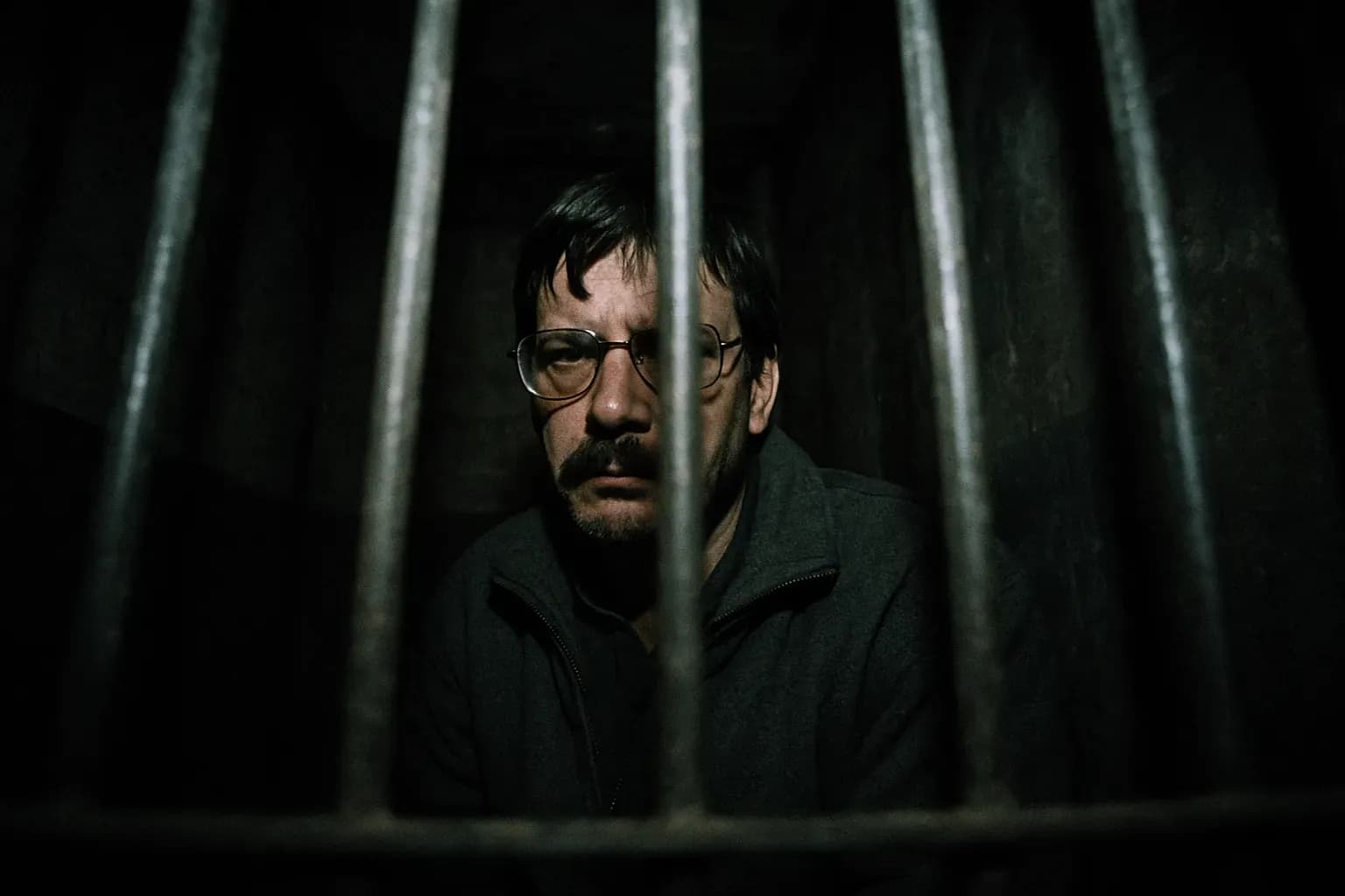 En skikkelse, der ligner Marc Dutroux i en svagt oplyst fængselscelle, metalstænger kaster skygger over hans ansigt, hvilket fremkalder den uhyggelige atmosfære af Belgiens mørke underverden.