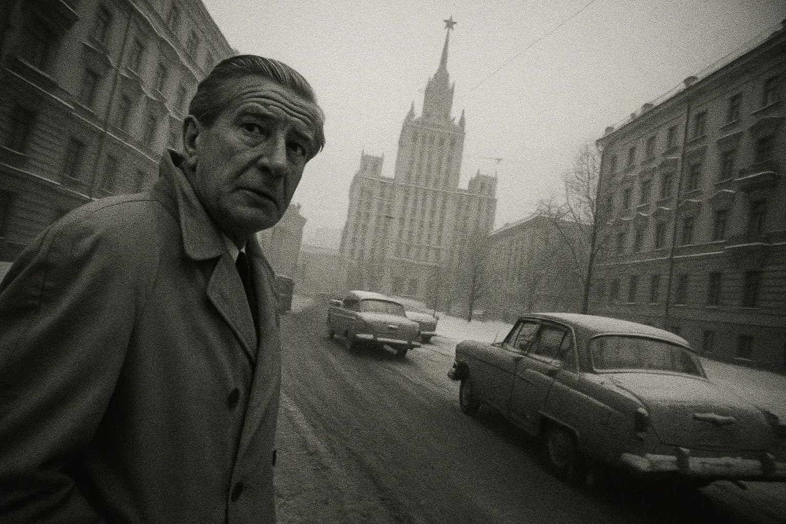 En skikkelse, der ligner Kim Philby, står på en gade i Moskva i 1960'erne iført en trenchcoat og kigger over skulderen. Sneklædte bygninger og biler fra sovjettiden danner baggrunden og symboliserer hans liv i eksil.