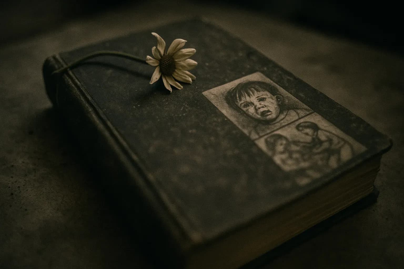 En støvet, aldrende bog med titlen 'The Davidito Book' ligger på et bord, dens sider er markeret med foruroligende illustrationer. En enkelt visnet blomst hviler på omslaget, hvilket symboliserer en kamp for retfærdighed og heling.