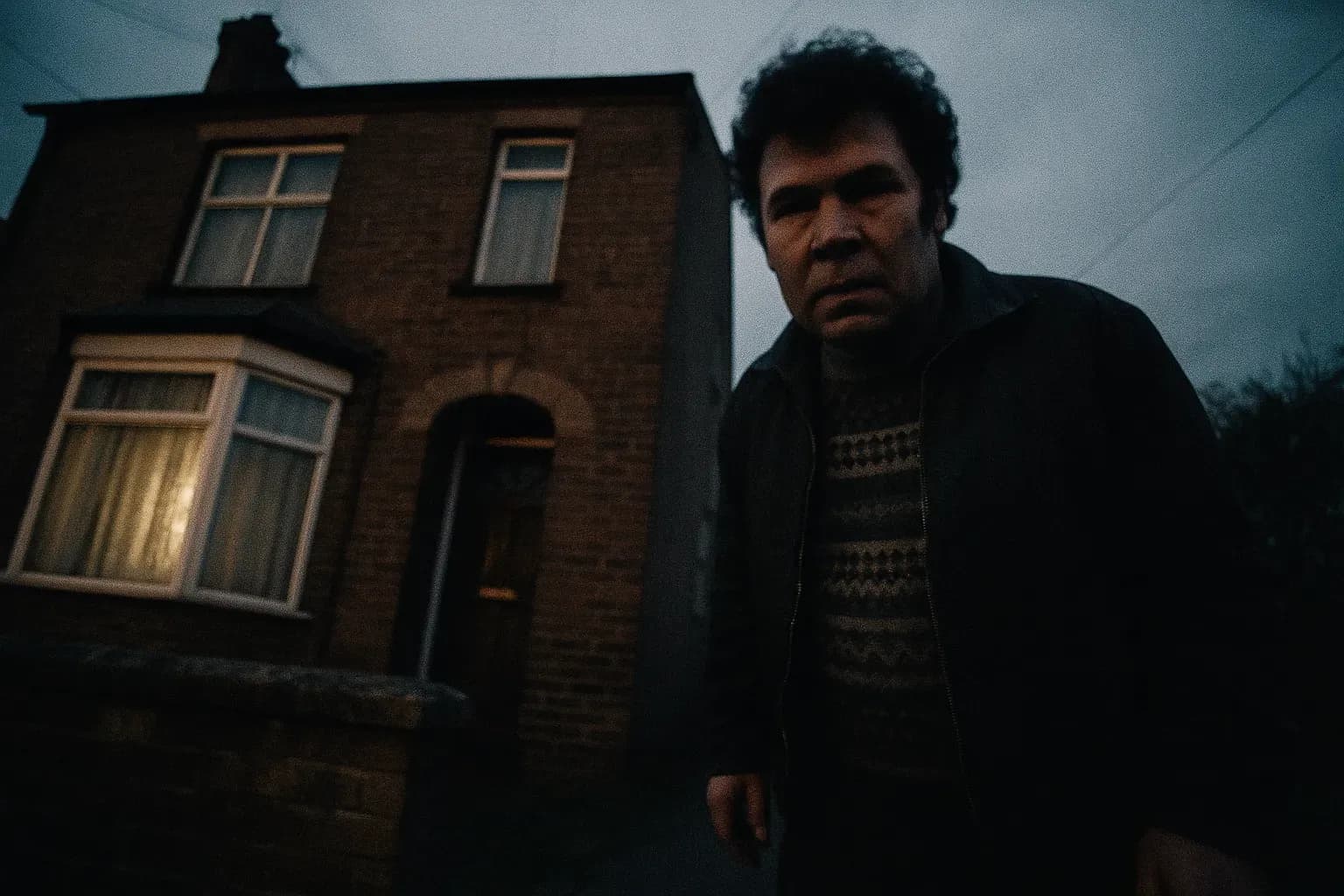 A figure resembling Fred West stands in the front yard of 25 Cromwell Street, a grim sense of secrecy surrounding the once infamously notorious home dubbed the "House of Horrors."