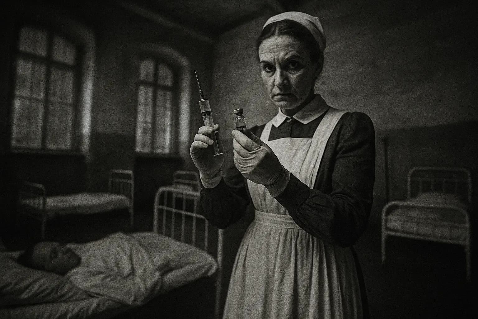 En skikkelse, der ligner Jane Toppan, står i en sygeplejeuniform ved siden af en hospitalsseng, holdende en ampul og en sprøjte, hendes udtryk maskerer en isnende blanding af empati og hensigt i en hospitalsindstilling fra det 19. århundrede.