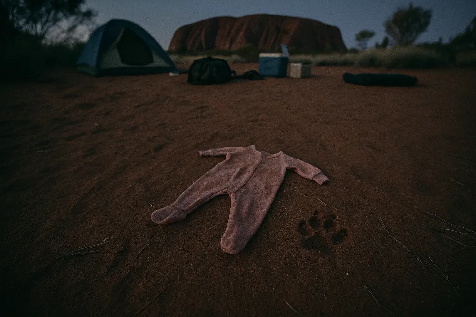 Et sandet område nær Uluru med spredt campingudstyr, en babys slidte lyserøde heldragt på jorden og et dingo-poteaftryk ved siden af, som symboliserer Azaria Chamberlain-forsvindingen.