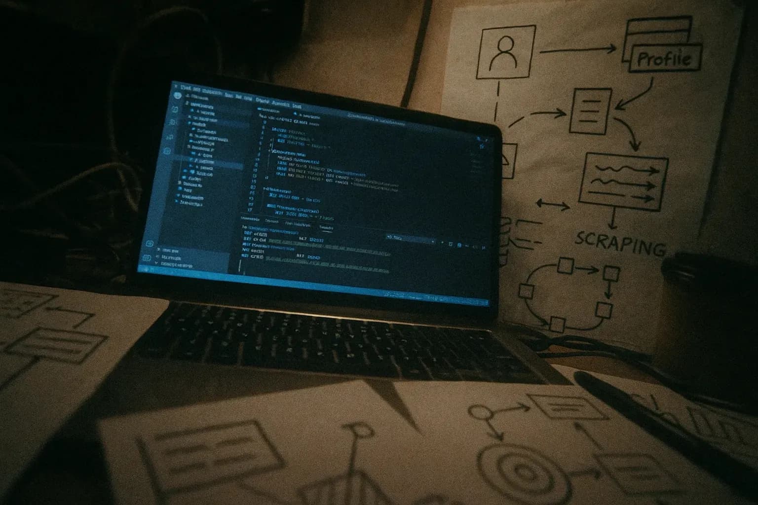 En laptopskærm viser kodelinjer og synlige API-tokens, omgivet af noter og diagrammer, der illustrerer et dataskrapningsskema relateret til LinkedIn-profiler, i et rodet teknologiarbejdsområde.