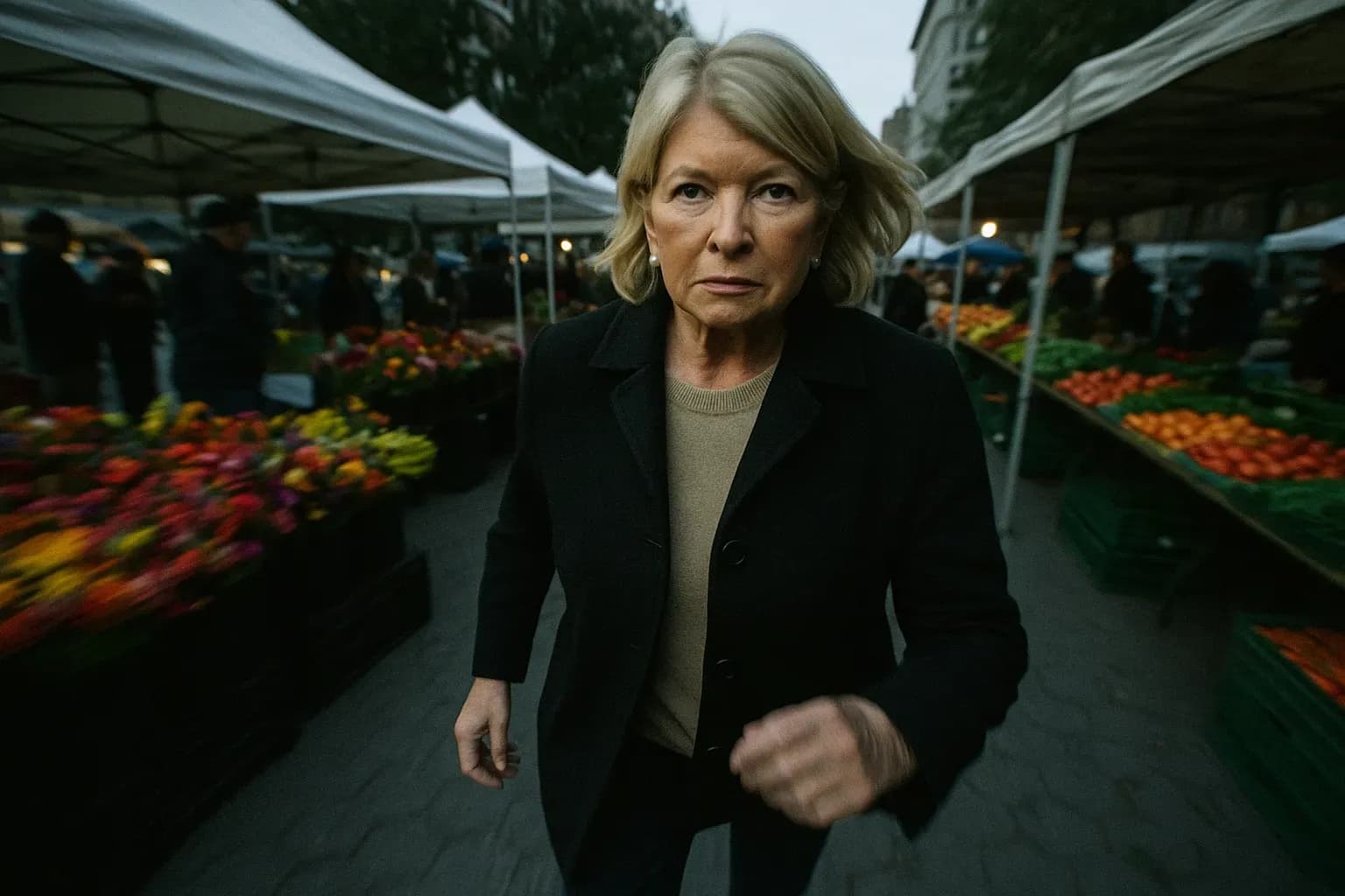 En figur, der ligner Martha Stewart, går rask gennem et travlt udendørs marked, omgivet af livlige blomster og friske produkter, hvilket repræsenterer hendes comeback efter fængslet og genoplivningen i livsstilsindustrien.