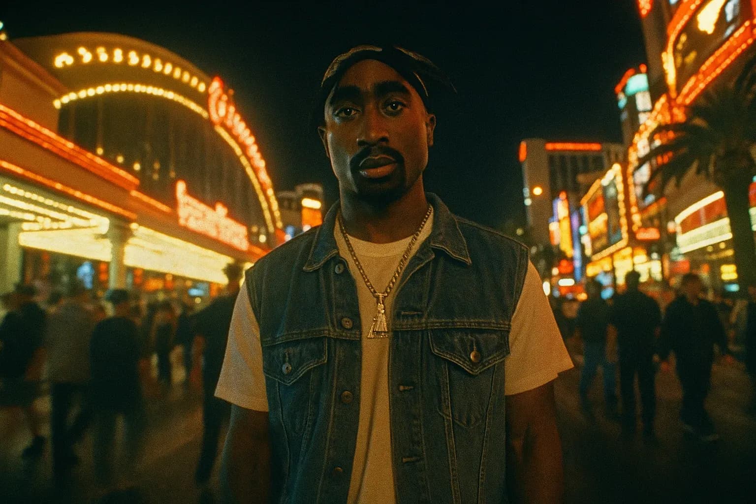 En figur, der ligner Tupac Shakur, står under de lyse neonlys på Las Vegas Strip, mens folkemængder bevæger sig omkring, hvilket fanger den livlige, men spændte atmosfære før den skæbnesvangre nat med skyderiet.