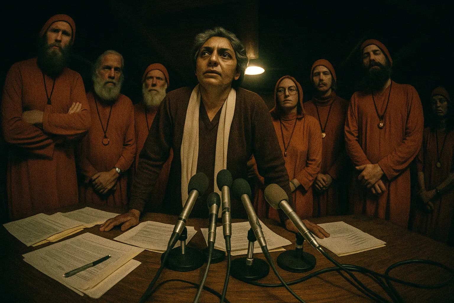 En figur, der ligner Ma Anand Sheela, står ved et bord fyldt med dokumenter og mikrofoner, omgivet af figurer i orange klæder ved Rajneeshpuram-kommunen, Oregon, under et spændt møde om bioterror og proformaægteskaber.