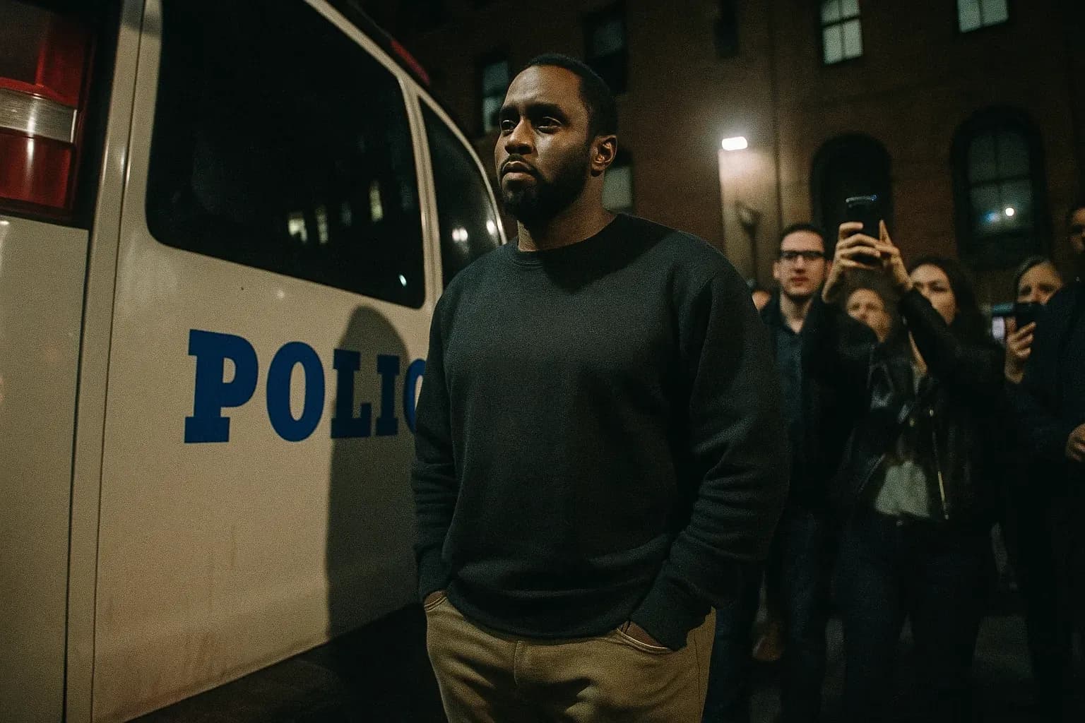 En skikkelse, der ligner Sean 'Diddy' Combs i afslappet påklædning, står ved en politivogn uden for en politistation i New York, hans udtryk er eftertænksomt midt i en lille skare, der tager billeder med telefoner.