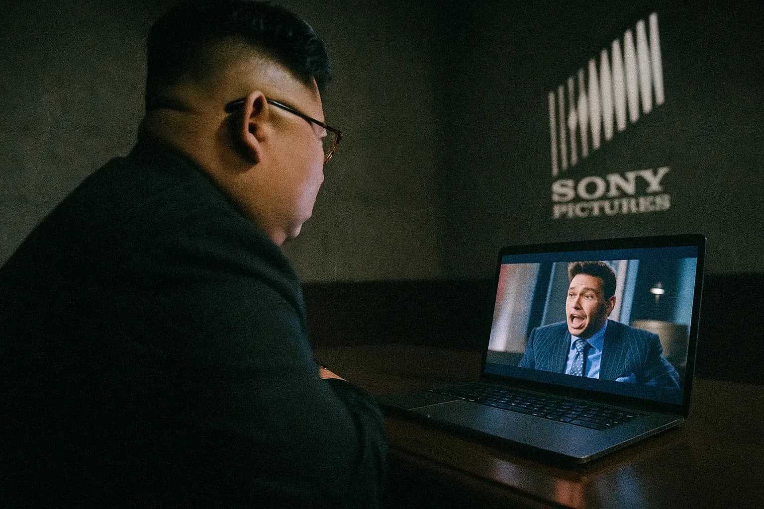 En figur, der ligner Kim Jong-un, ser en scene fra 'The Interview' på en laptops skærm, med Sony Pictures-logoet synligt i baggrunden, hvilket symboliserer motivet bag det nordkoreanske cyberangreb på Hollywood.