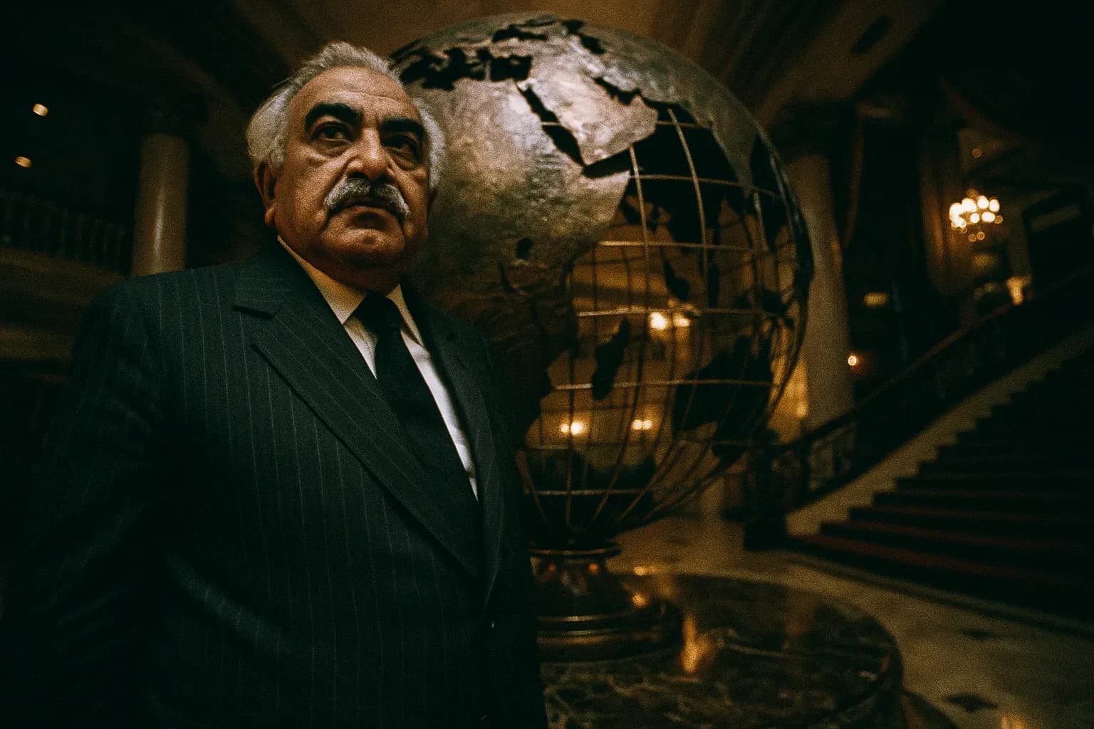 En figur, der ligner Agha Hasan Abedi, foran en massiv globusskulptur, der symboliserer hans globale banknetværk, med antydninger af overdådighed og skandale subtilt integreret i baggrundselementerne.