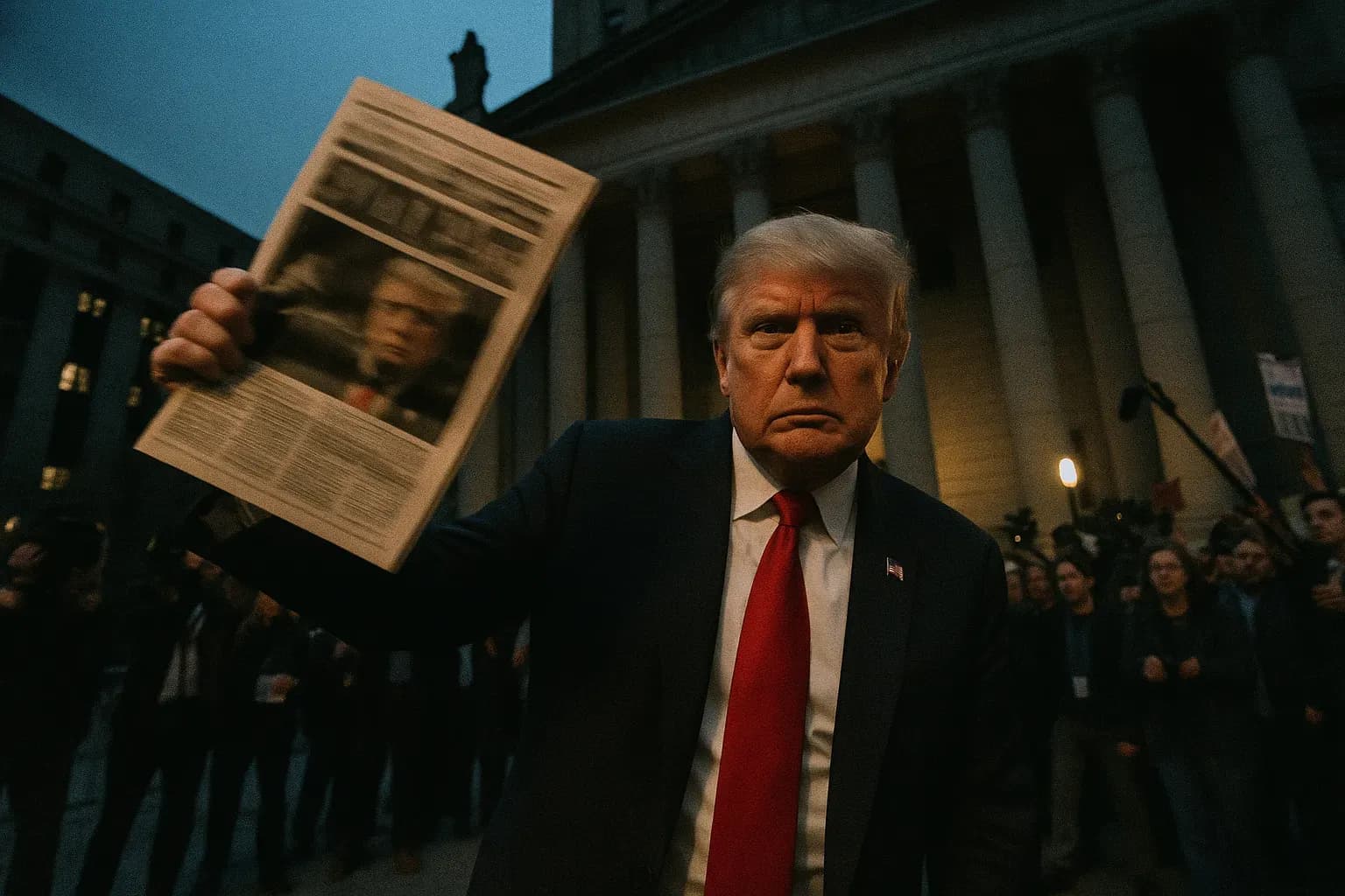 En figur, der ligner Donald Trump, holder en avis med en fed overskrift uden for en domstol i Manhattan, mens en flok af journalister og demonstranter samles i baggrunden