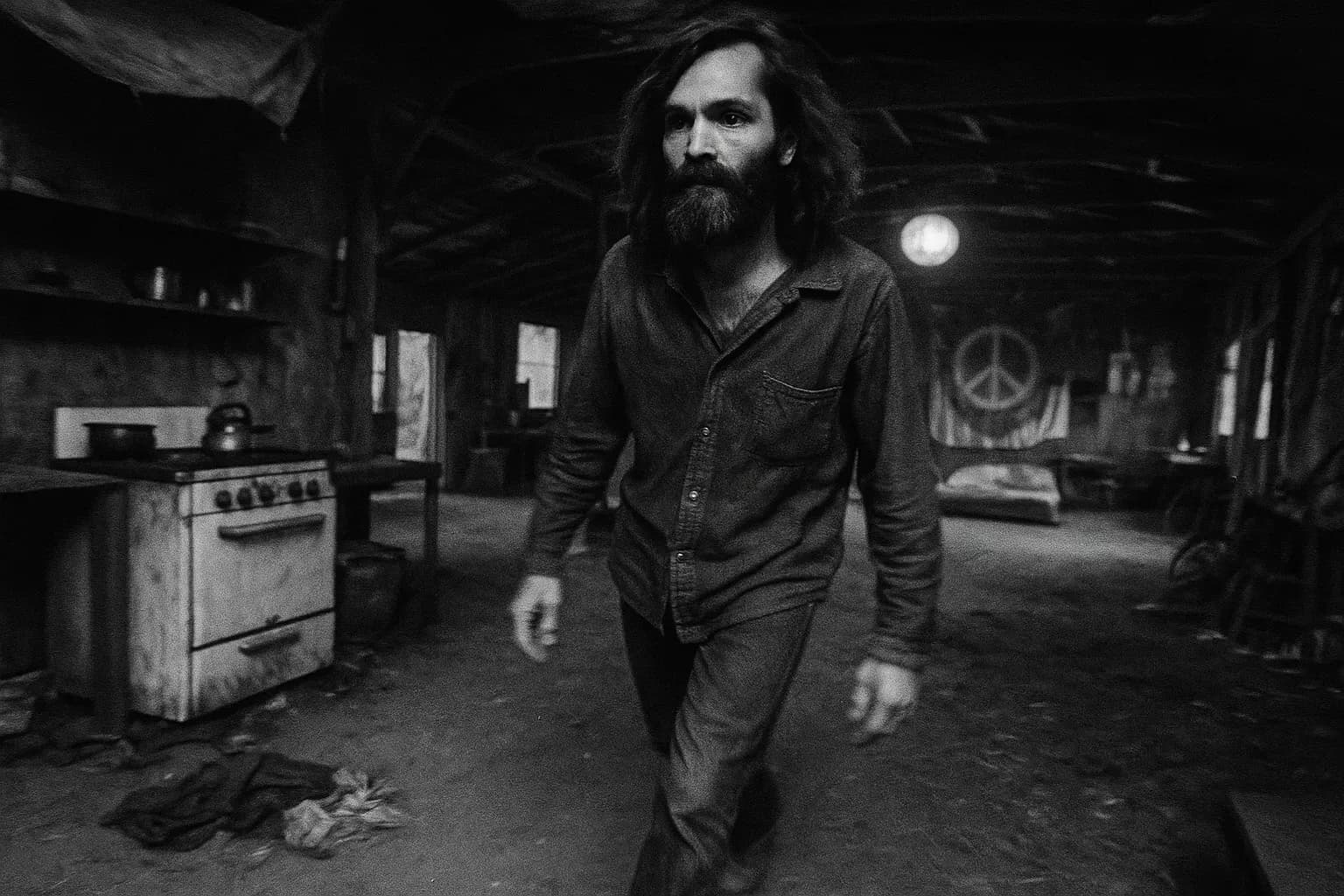 En skikkelse, der ligner Charles Manson, går gennem et støvet, rodet fælles rum på Spahn Ranch, med rester af 1960'ernes modkultur i baggrunden.