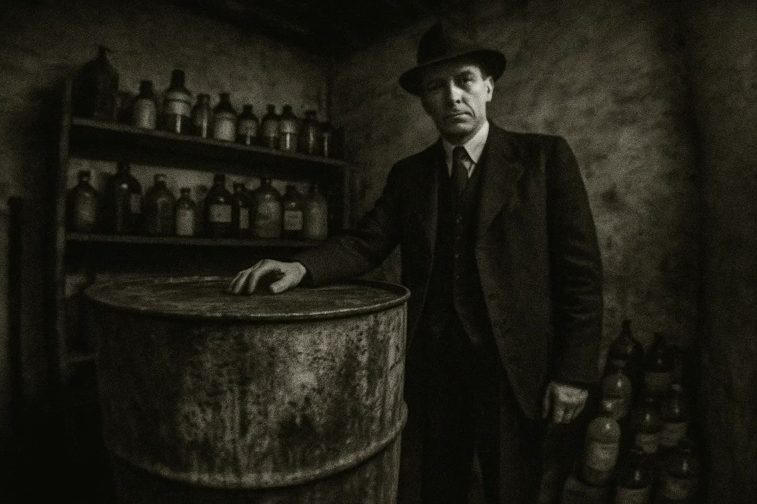 En skikkelse, der ligner John George Haigh, står ved siden af en stor metaltønde, hvis overflade er plettet og tæret, i et svagt oplyst rum fyldt med kemikalieflasker og syrebeholdere.