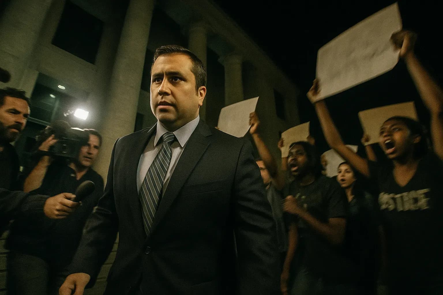 En figur, der ligner George Zimmerman, går ud af en retssal i Florida, omgivet af en skare af journalister og demonstranter, der holder skilte, som fanger spændingen ved en meget omtalt retssag og dens samfundsmæssige indvirkning.