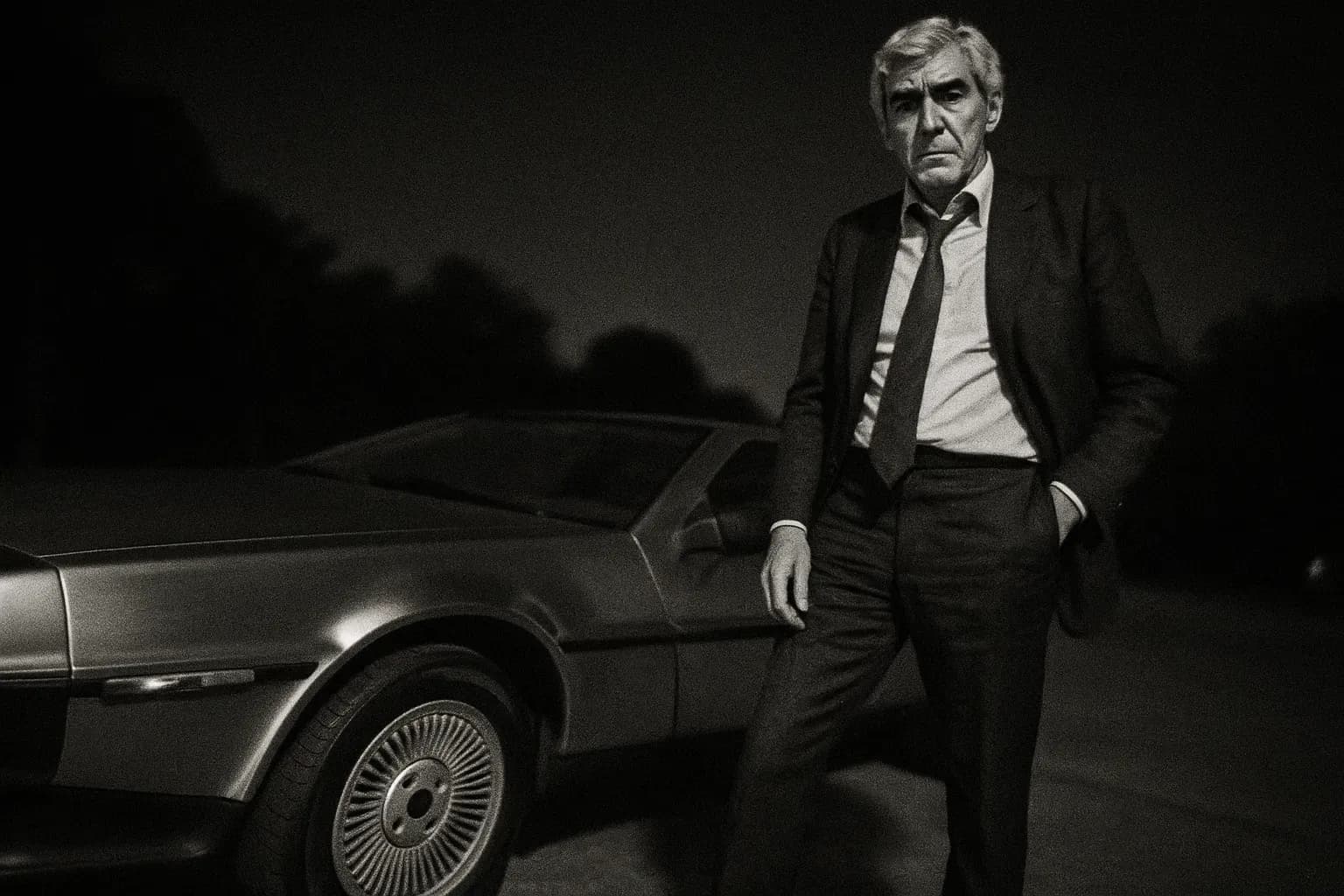 En figur, der ligner John DeLorean, står nær en strømlinet DeLorean DMC-12 bil og viser et udtryk af trodsighed og udmattelse.