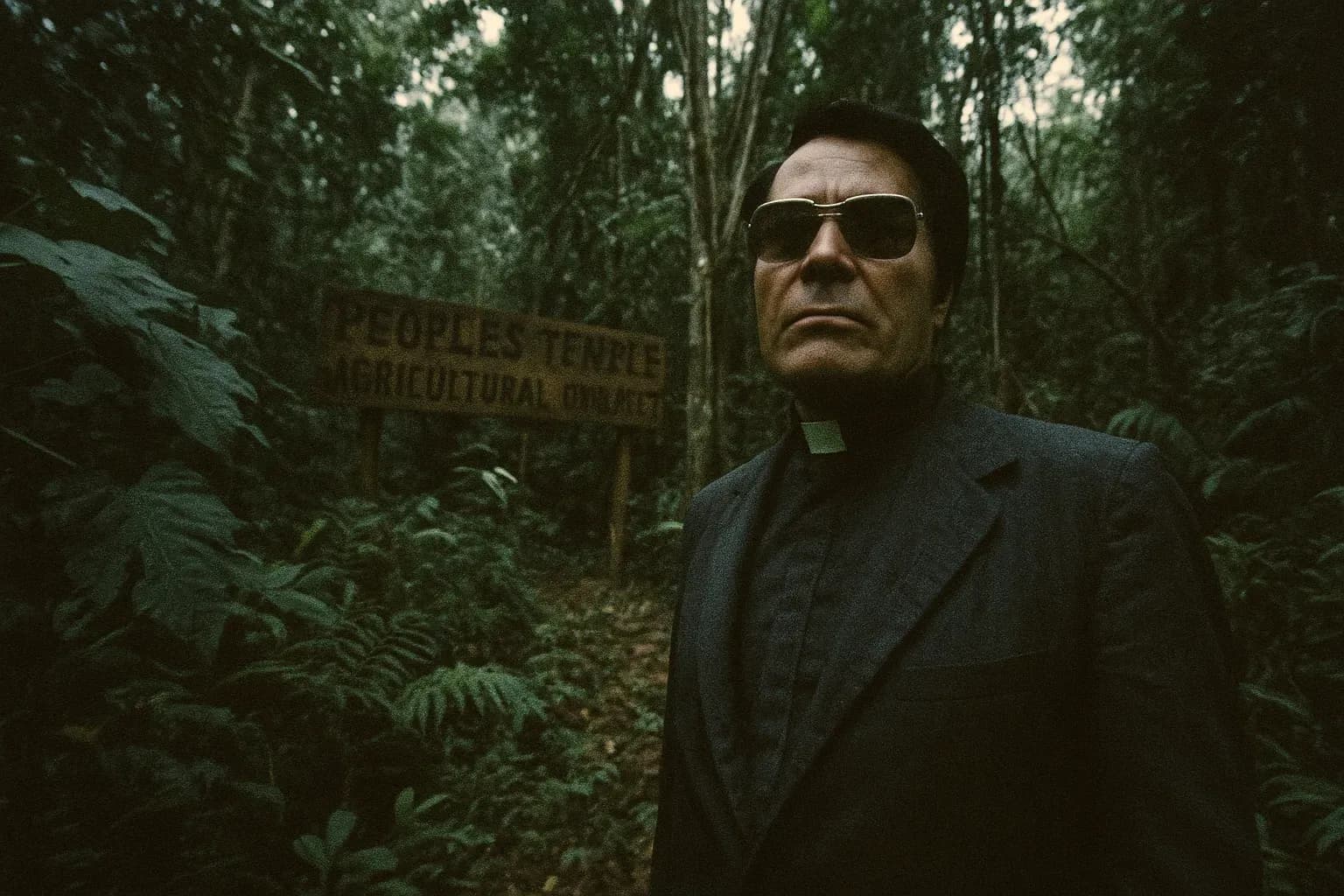 En skikkelse, der ligner Jim Jones, iført solbriller og en præstekrave, står blandt tæt junglevegetation i Guyana. Et træskilt med teksten 'Peoples Temple Agricultural Project' er delvist synligt bag træerne.