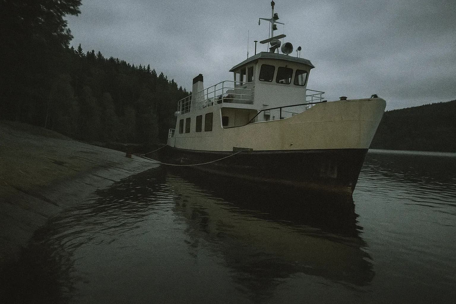 En lille færgebåd, MS Thorbjørn, ligger til kaj ved en stille sø, med tæt skov i baggrunden, der symboliserer den bedrageriske rejse til Utøya under Anders Behring Breiviks angreb.