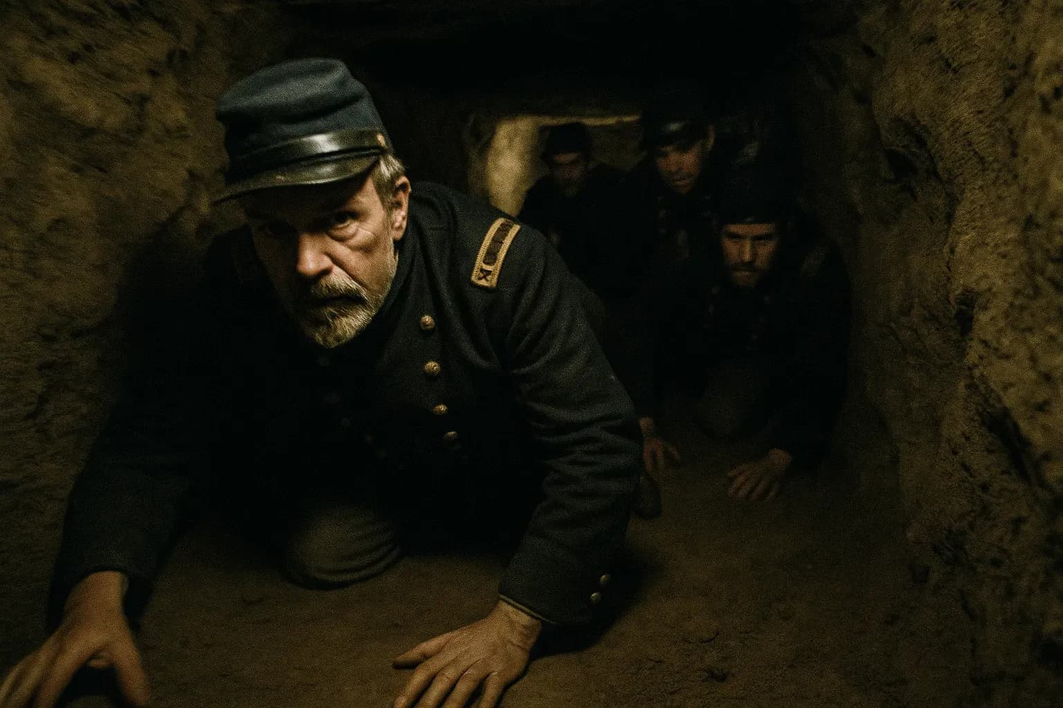 En mørk, trang underjordisk tunnel med jordvægge, en lille gruppe af Union officer uniformer, der vrider sig igennem, ledet af en skikkelse, der ligner oberst Rose, hvilket symboliserer deres dristige flugt fra Libby-fængslet.