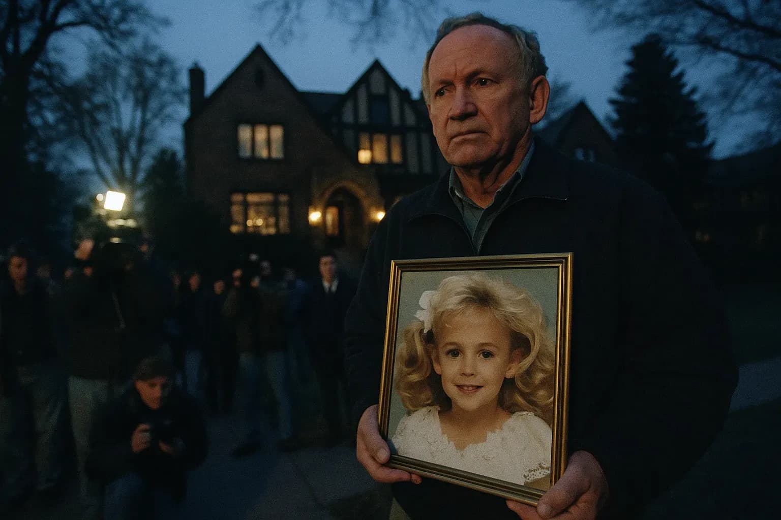 En person, der ligner JonBenét Ramseys far, John Ramsey, står udenfor deres hjem på 15th Street i Boulder, Colorado, og holder et portræt af JonBenét midt i et hav af medier og tilskuere.