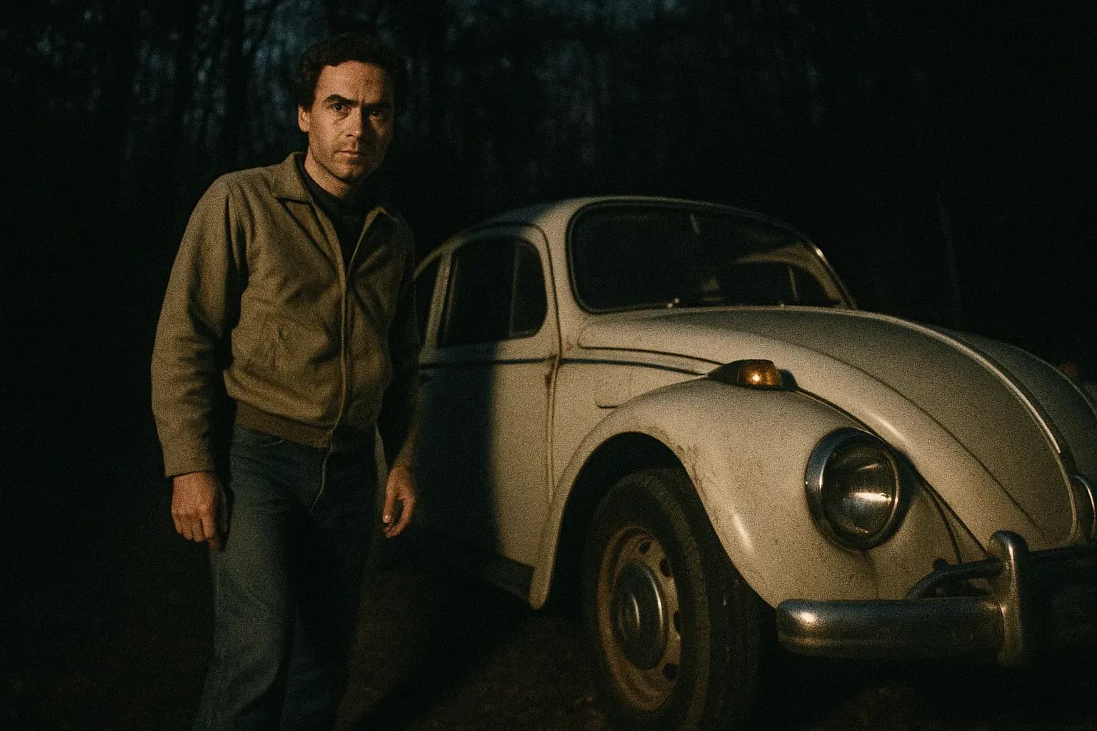 En skikkelse, der ligner Ted Bundy, står ved siden af en vintage Volkswagen Beetle, diskret parkeret i et svagt oplyst skovområde, hvilket repræsenterer hans metode til at lokke ofre.