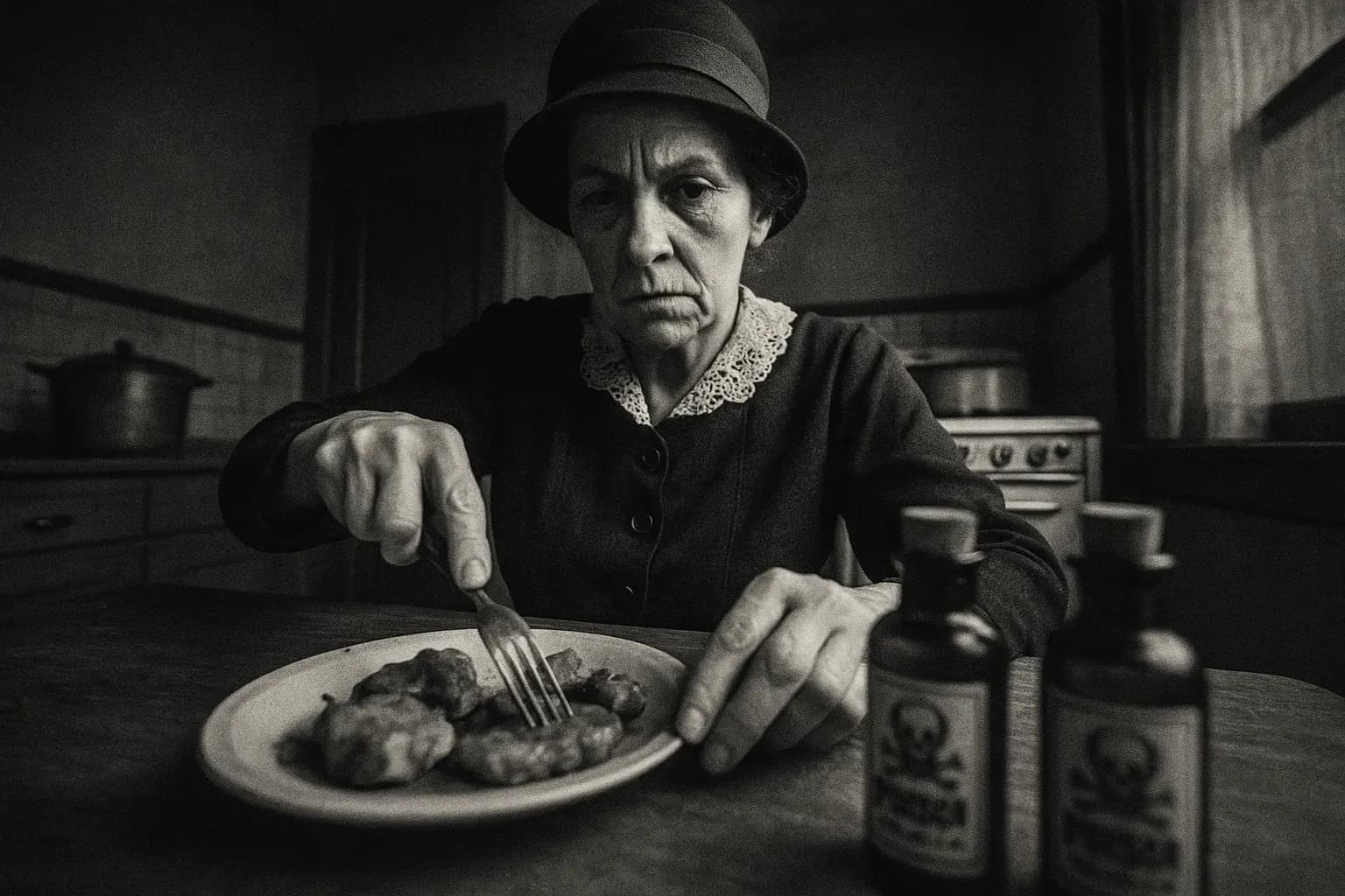 En skikkelse, der ligner Tillie Klimek, sidder ved et køkkenbord i 1920'er-tøj og forbereder metodisk et måltid med arsenik, med små flasker mærket 'Rough on Rats' i nærheden, hvilket repræsenterer hendes berygtede forgiftningsmetode.