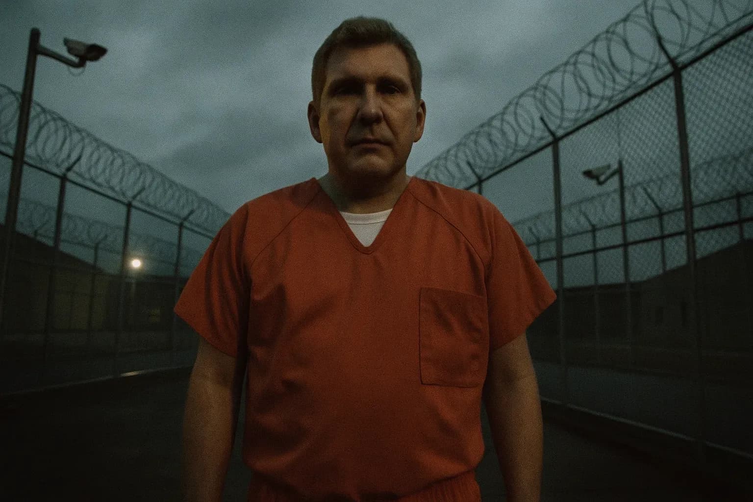 En skikkelse, der ligner Todd Chrisley, står i en fængselsgård iført en fangedragt, omgivet af høje hegn og overvågningskameraer, hvilket symboliserer faldet fra tv-glamour til fængsling for multimillion-dollar svindel.