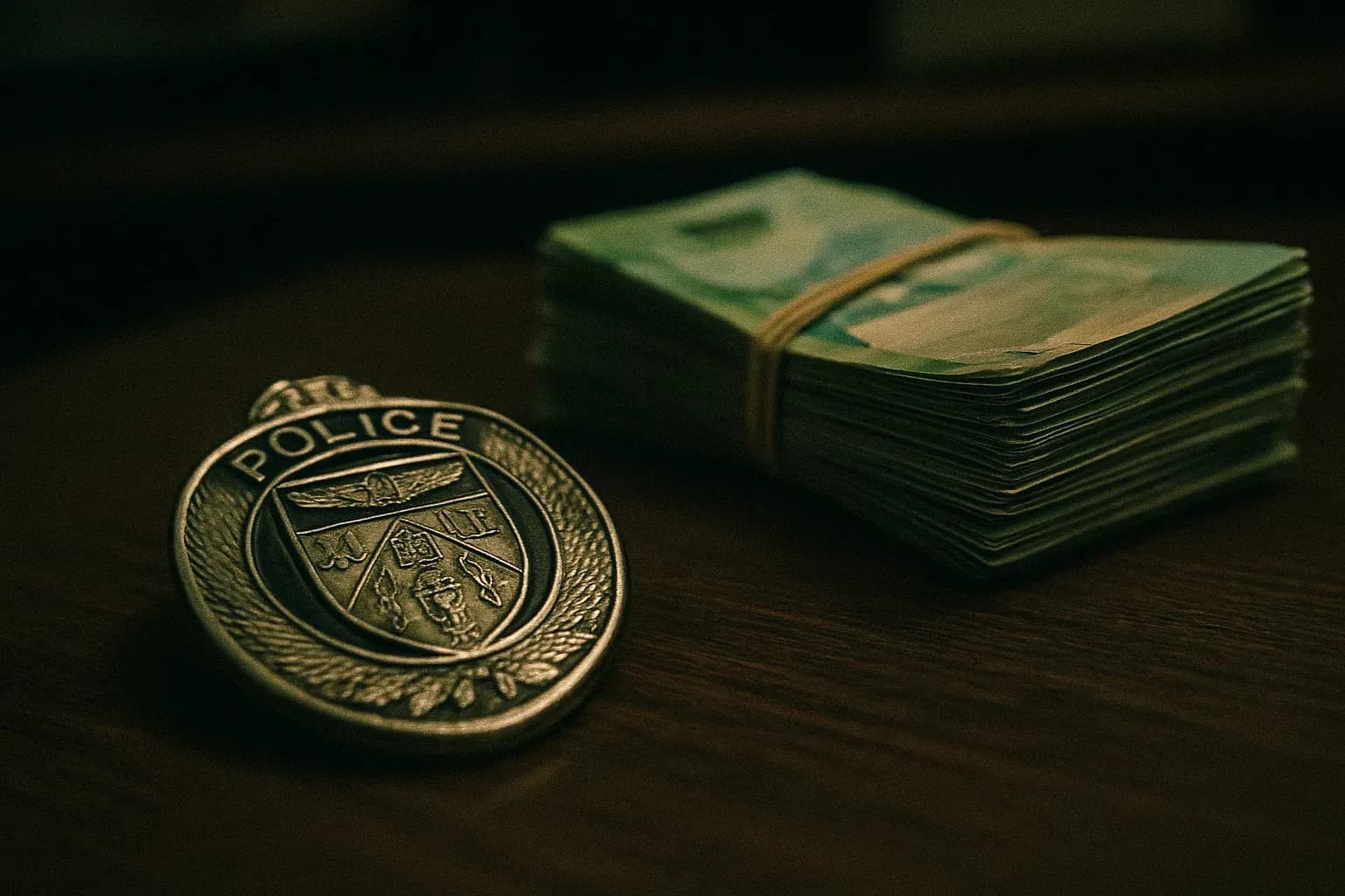 Et politiskilt ligger ved siden af en bunke kontanter på et svagt oplyst skrivebord, hvilket symboliserer korruption i Toronto narkotikastyrkens skandale.