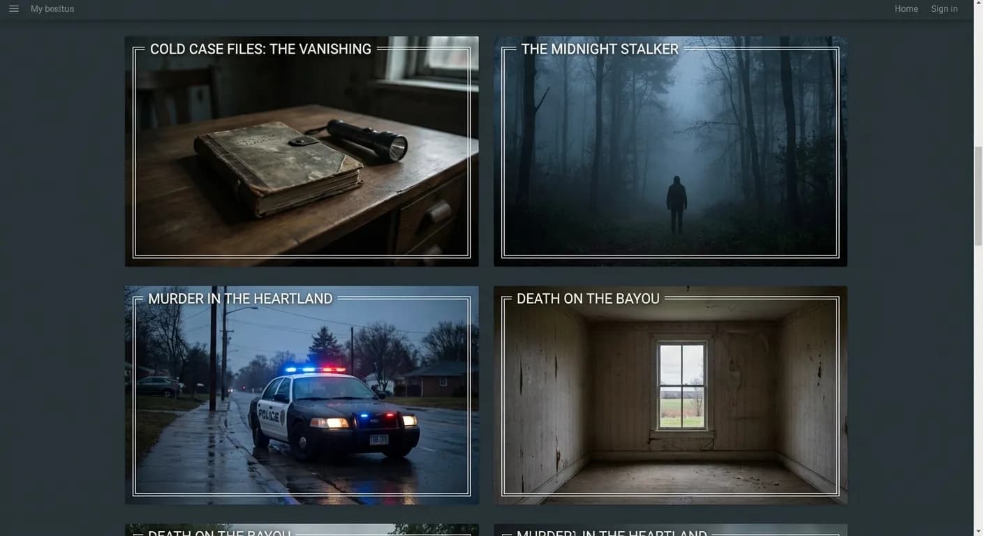 AI-generated photorealistic image: Cinematic, moody true crime documentary style images for a collection of 4 new series/movies. Focus 