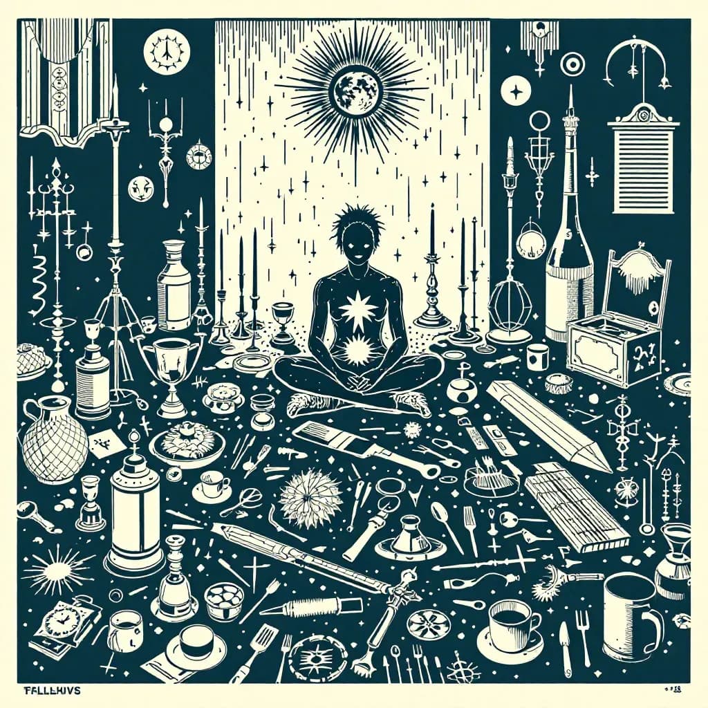 A crime scene with symbolic objects arranged deliberately as part of a ritual, highlighting staging and personal trophies that reveal the perpetrator's psychological motives.