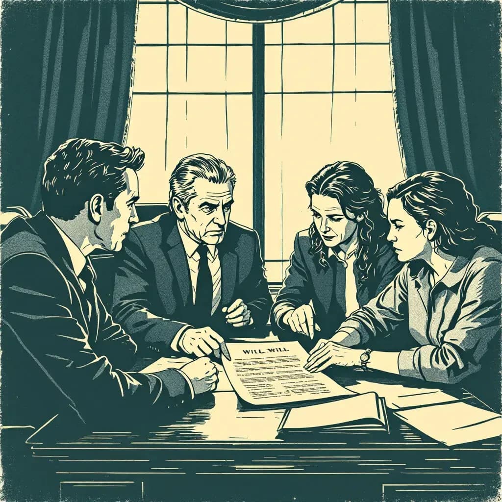 Family members gathered around a lawyer's office table, examining a will; tense expressions hint at underlying greed and suspicion, suggesting inheritance disputes and a connection to hidden, dark motives.