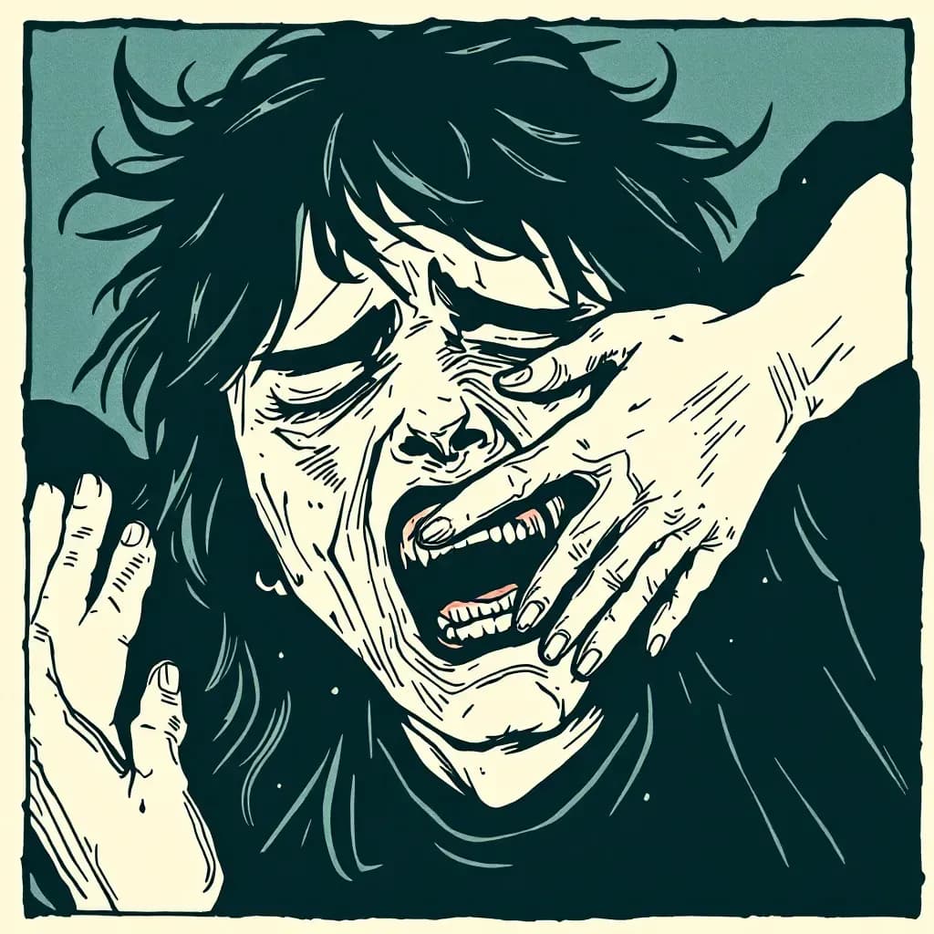 A person inflicting harm on another, with visible distress and enjoyment on the faces, symbolizing the complex and disturbing psychological drive of sadism in crime.