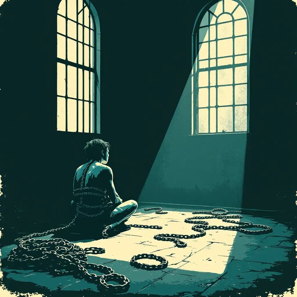 A dimly lit room with barred windows, a bound individual sitting on the floor, ropes and chains scattered, symbolic of confinement and loss of freedom.