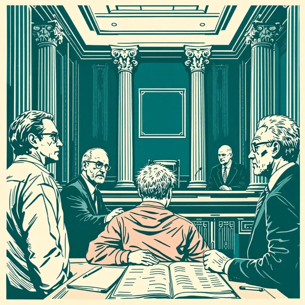 A courtroom scene with a defendant exhibiting signs of mental illness, surrounded by legal experts and a judge, highlighting the intersection of mental health and criminal justice.