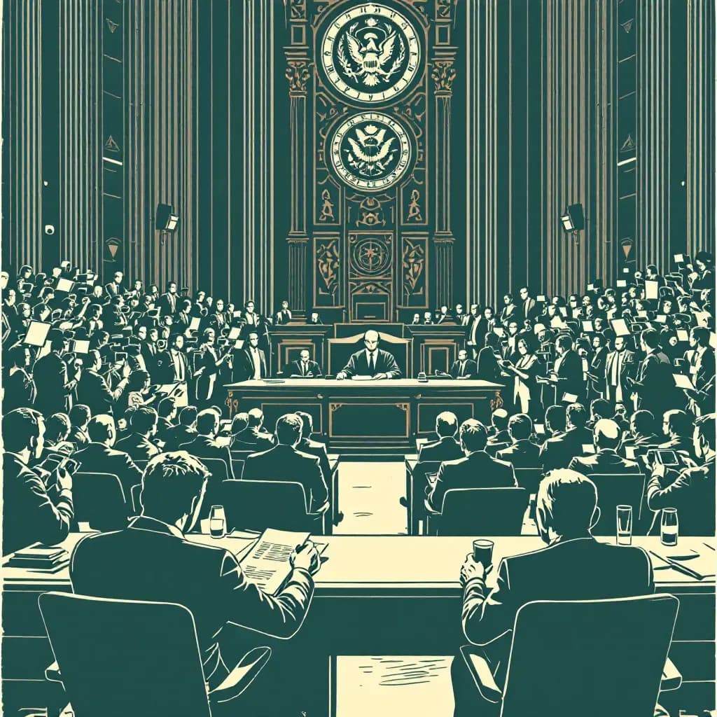 A courtroom filled with reporters taking notes, a judge presiding at the bench, and cameras capturing every moment.