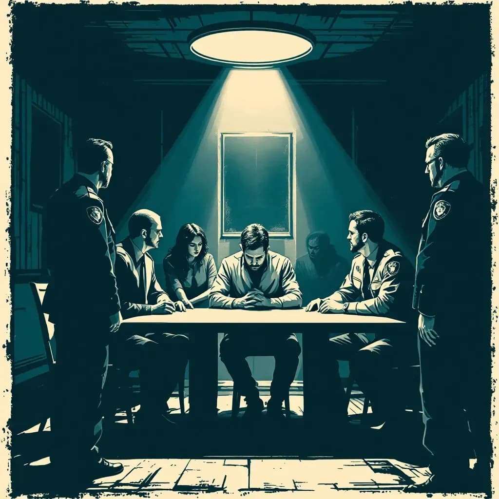 A dimly lit interrogation room with a vulnerable-looking individual at a table, surrounded by determined officers, representing psychological pressure and manipulation leading to a false confession.