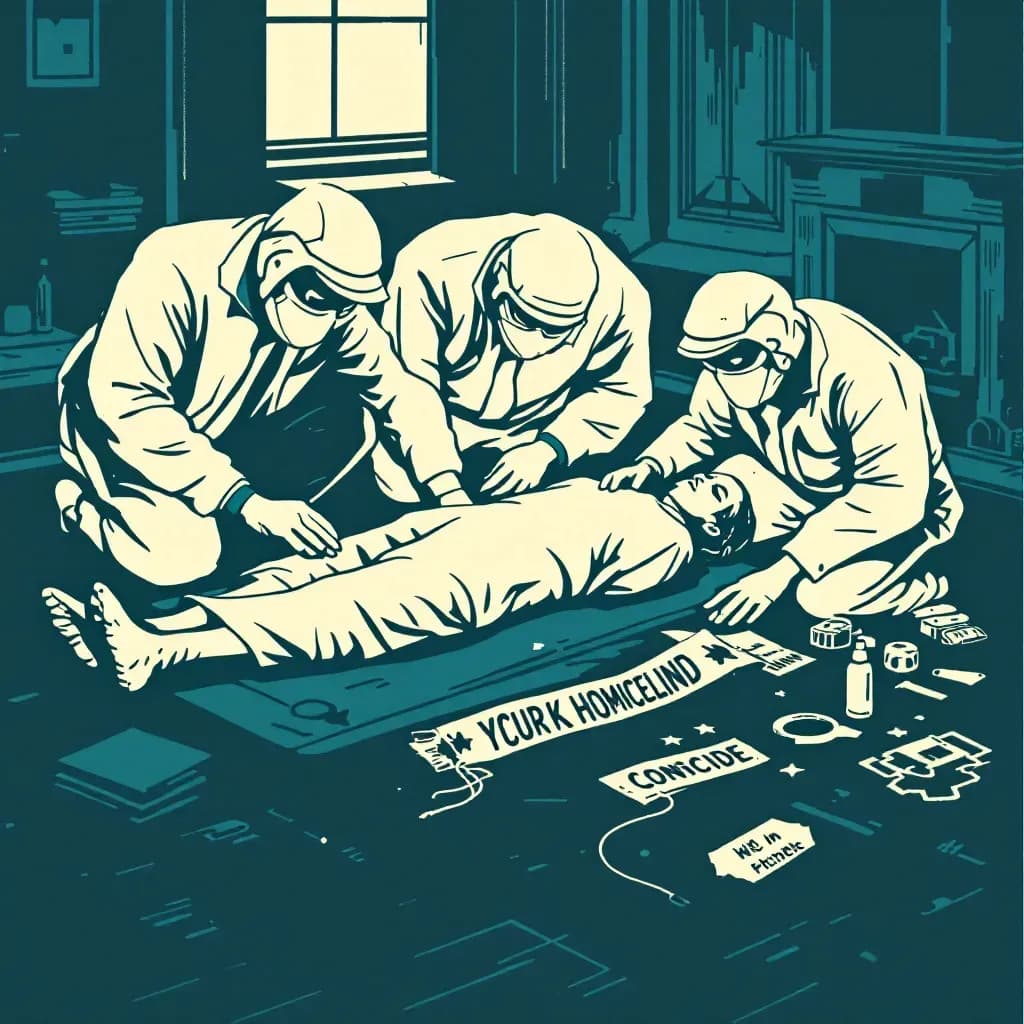 A crime scene depicting investigators examining a body, surrounded by forensic tools, as they distinguish between suicide and concealed homicide. Nearby, a magnifying glass emphasizes a clue pointing to hidden evidence.