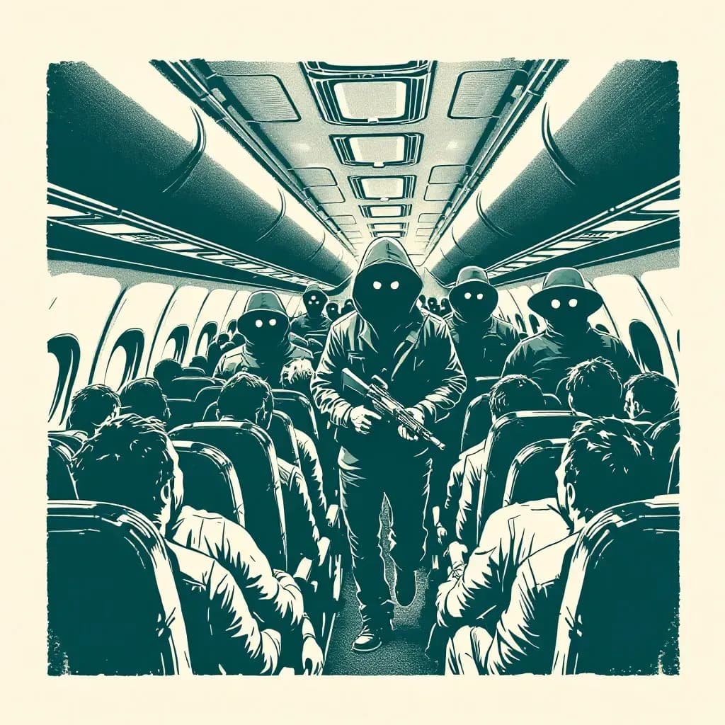 An airplane cabin with tense hijackers standing amidst terrified passengers, armed and controlling the situation, symbolizing the terror and uncertainty of a hostage scenario in mid-air.