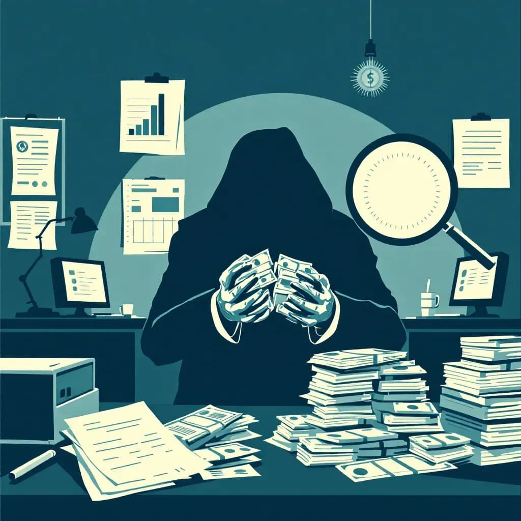 A shadowy figure secretly exchanging stacks of cash in a dimly lit office, surrounded by piles of documents, computers displaying spreadsheets, and a large magnifying glass highlighting financial records.