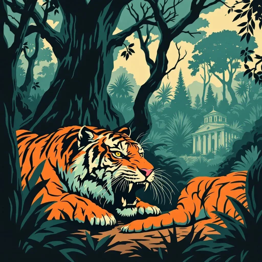 Eccentric zoo owner with tigers, exotic animal cages, concealed crimes like animal abuse, financial fraud, depicted through faux safari park setting, ominous overtones suggest criminal underworld lurking beneath vibrant surface.
