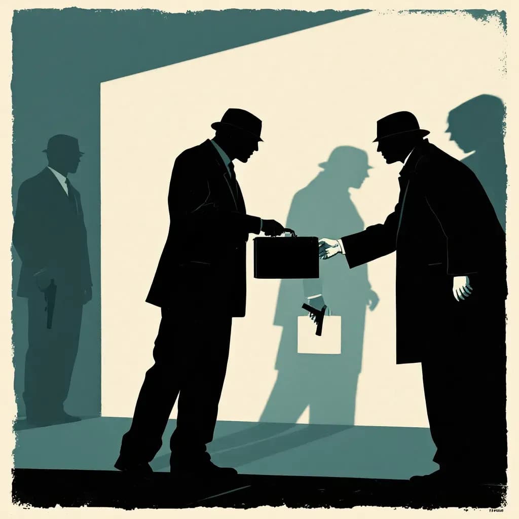 Two figures in shadow exchanging a briefcase; one figure holding a weapon quietly in the background, symbolizing collaboration and clandestine roles in a crime setting.