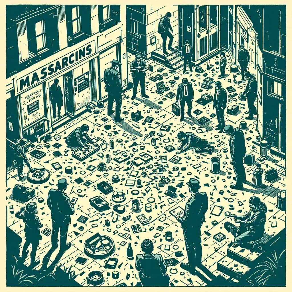 A chaotic crime scene with shattered glass, scattered personal belongings, law enforcement officers investigating; symbolic evidence markers, focused detectives analyzing clues, illustrating the brutality, scope, and investigations following a massacre.