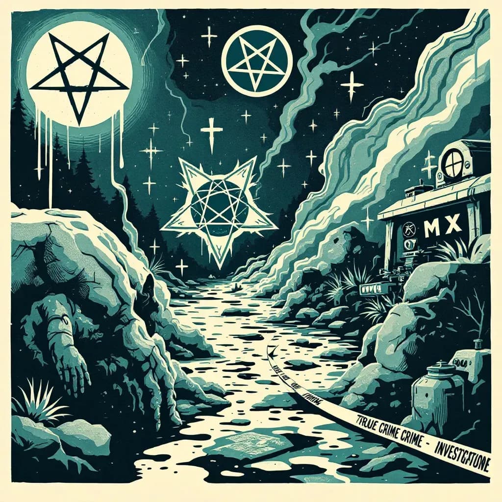 The scene depicts symbols of Satanism like pentagrams and inverted crosses, juxtaposed with true-crime investigation elements such as forensic tools, police tape, and media cameras, illustrating the intersection of myth and criminal investigation.