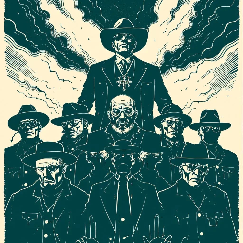 A hierarchy of criminal leaders, with a powerful gang leader at the top orchestrating hidden network operations, surrounded by intermediaries, illustrating the complexity and elusiveness of dismantling organized crime.