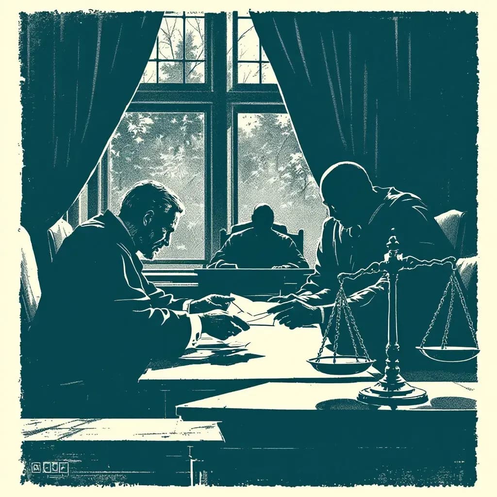 Bribery with an envelope exchange in a dimly-lit office, power abuse portrayed as a shadowy figure behind a judge's bench, scales of justice tilted by unseen hands.