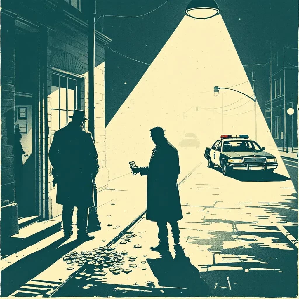 An image depicting a dimly lit urban street corner with shadowy figures, a figure passing cash to another, and a distant police car, symbolizing the linkage between prostitution and organized crime.