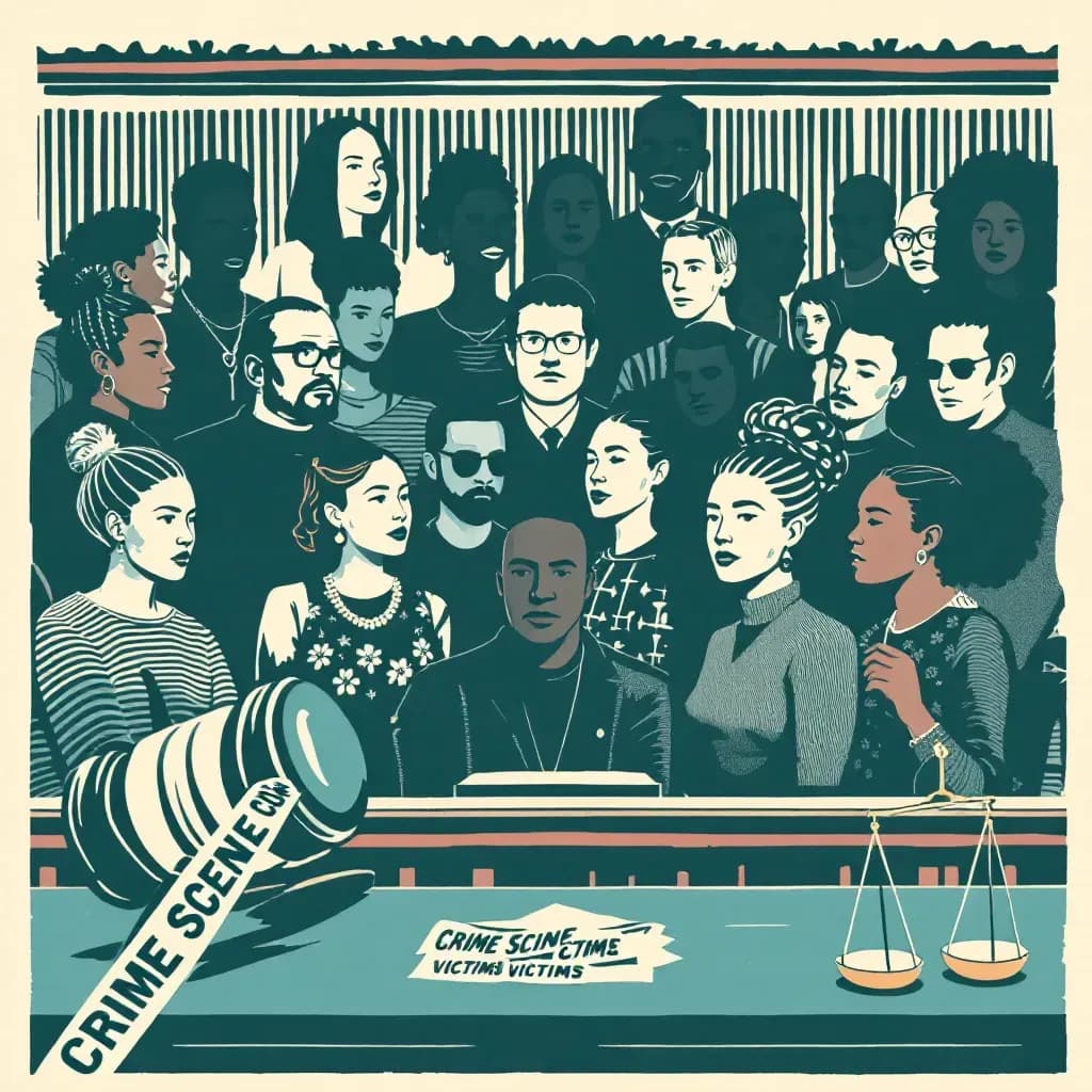 A scene showing a courtroom with a diverse group of people representing hate crime victims; a gavel, crime scene tape, and scales of justice symbolize the legal and societal impact.
