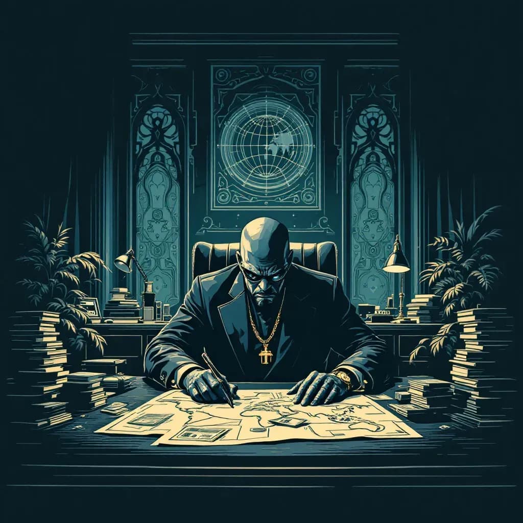 Drug lord in opulent office, surrounded by maps and stacks of cash, with high-tech communication equipment, menacingly planning illicit global operations.