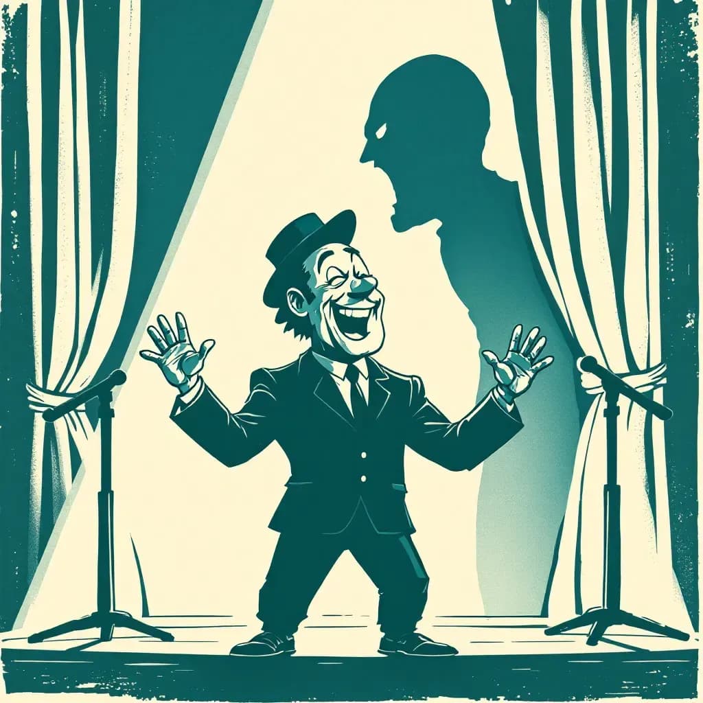 A comedian on stage laughing, with a shadowy figure behind representing their criminal secret, symbolizing the duality of humor and crime.