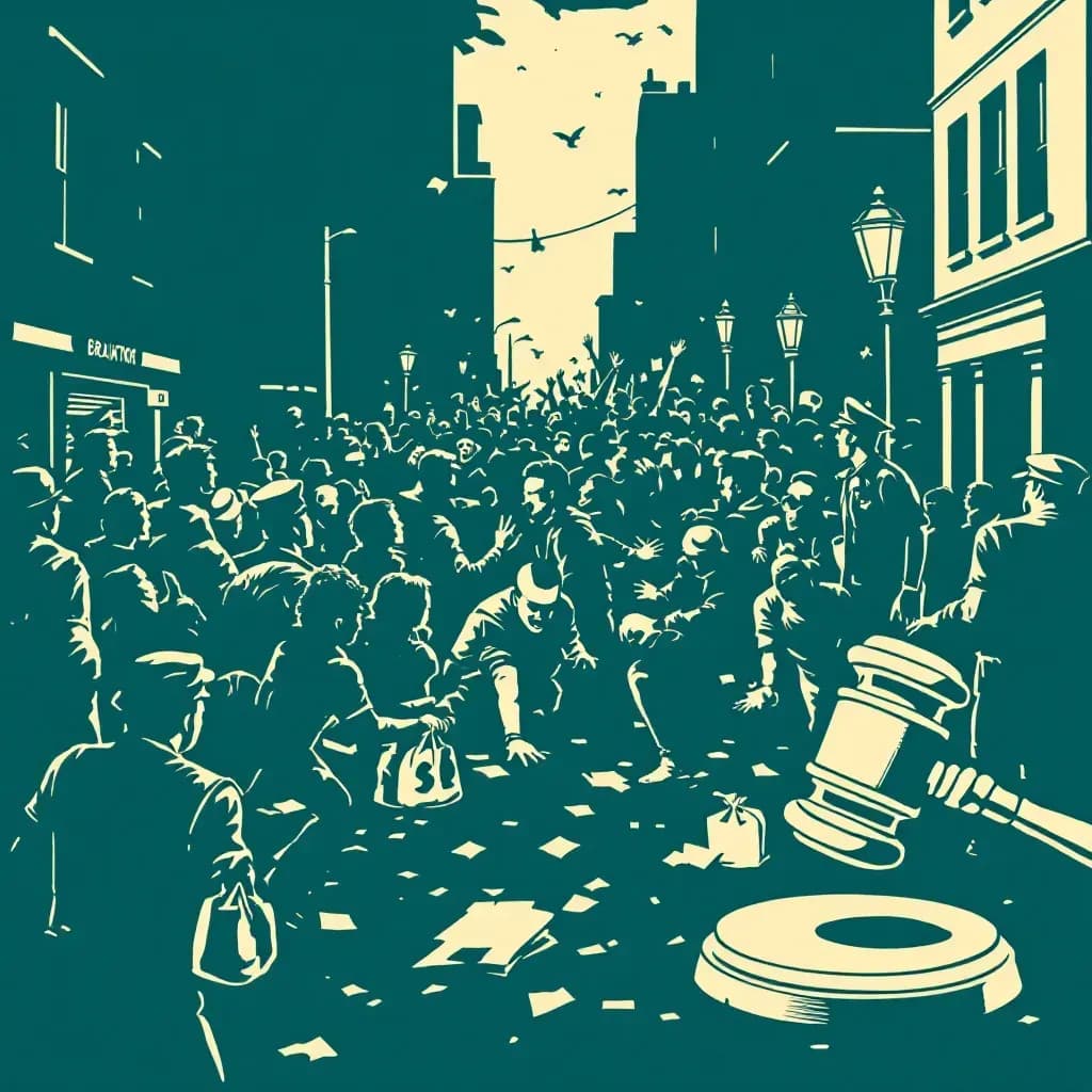 A chaotic street scene depicting an escalating brawl, with people engaged in physical confrontation, police officers attempting to intervene, evidence bags being filled at the scene, and a courtroom gavel symbolizing legal consequences.
